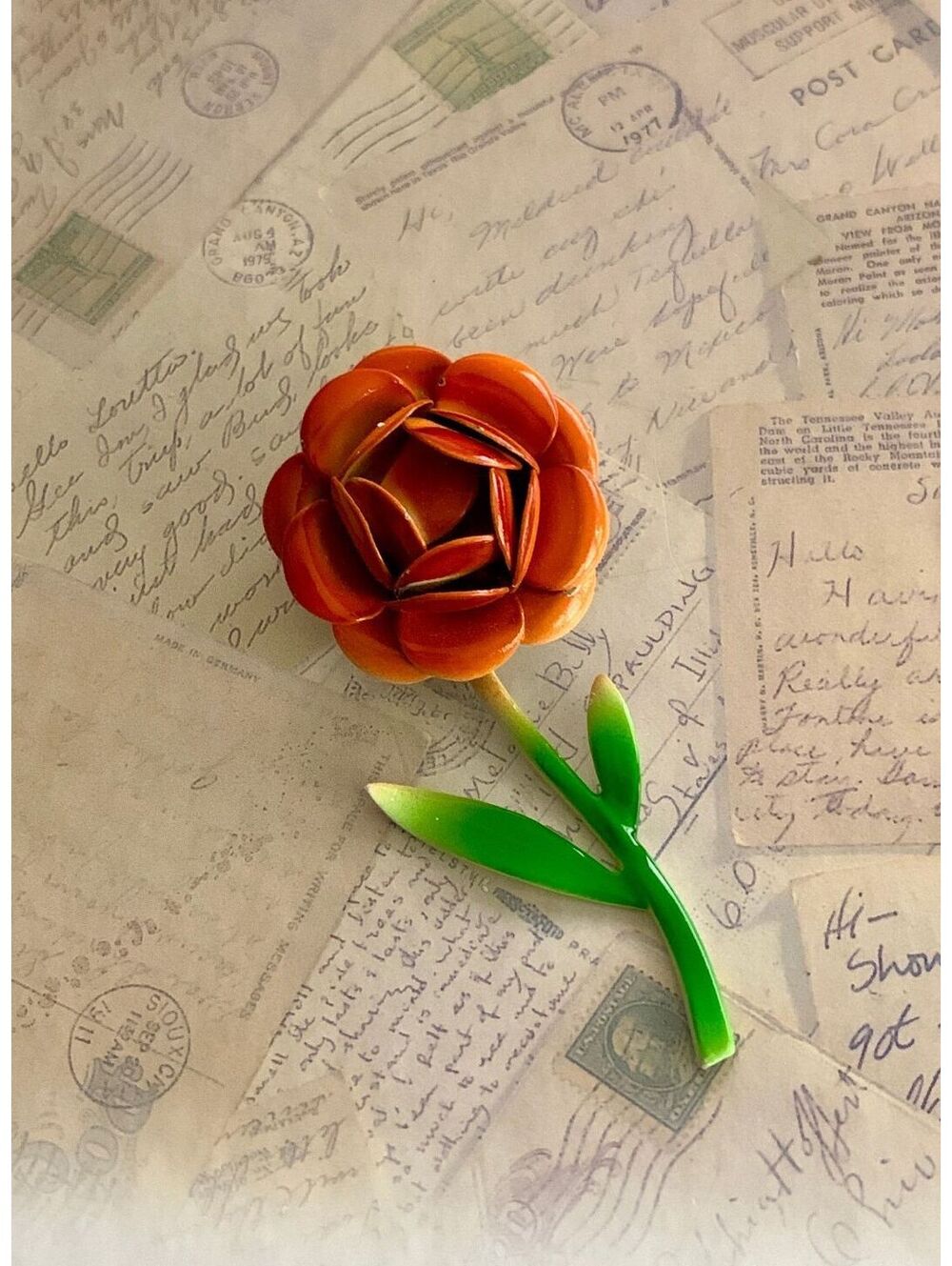 Vintage Enamel Charming Orange Flower Brooch with Green Stem Pin Accessory